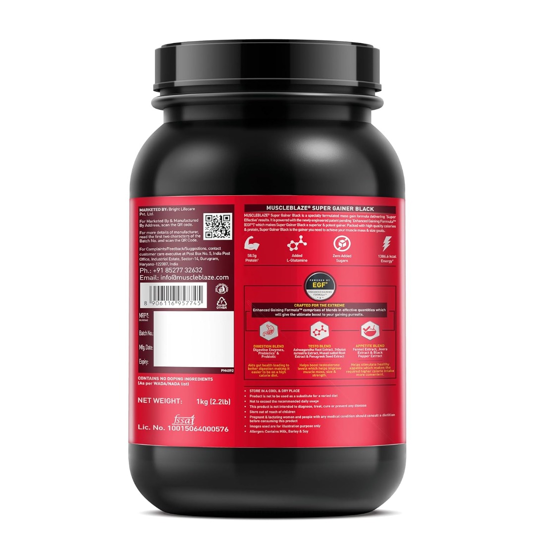 MuscleBlaze Super Gainer Black | EGF | Muscle Mass Gain | Chocolate