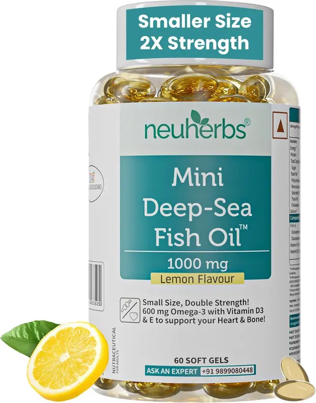 Neuherbs Mini Deep Sea Omega 3 Fish Oil 1000mg With Vitamin D3 & E - Lemon Flavour