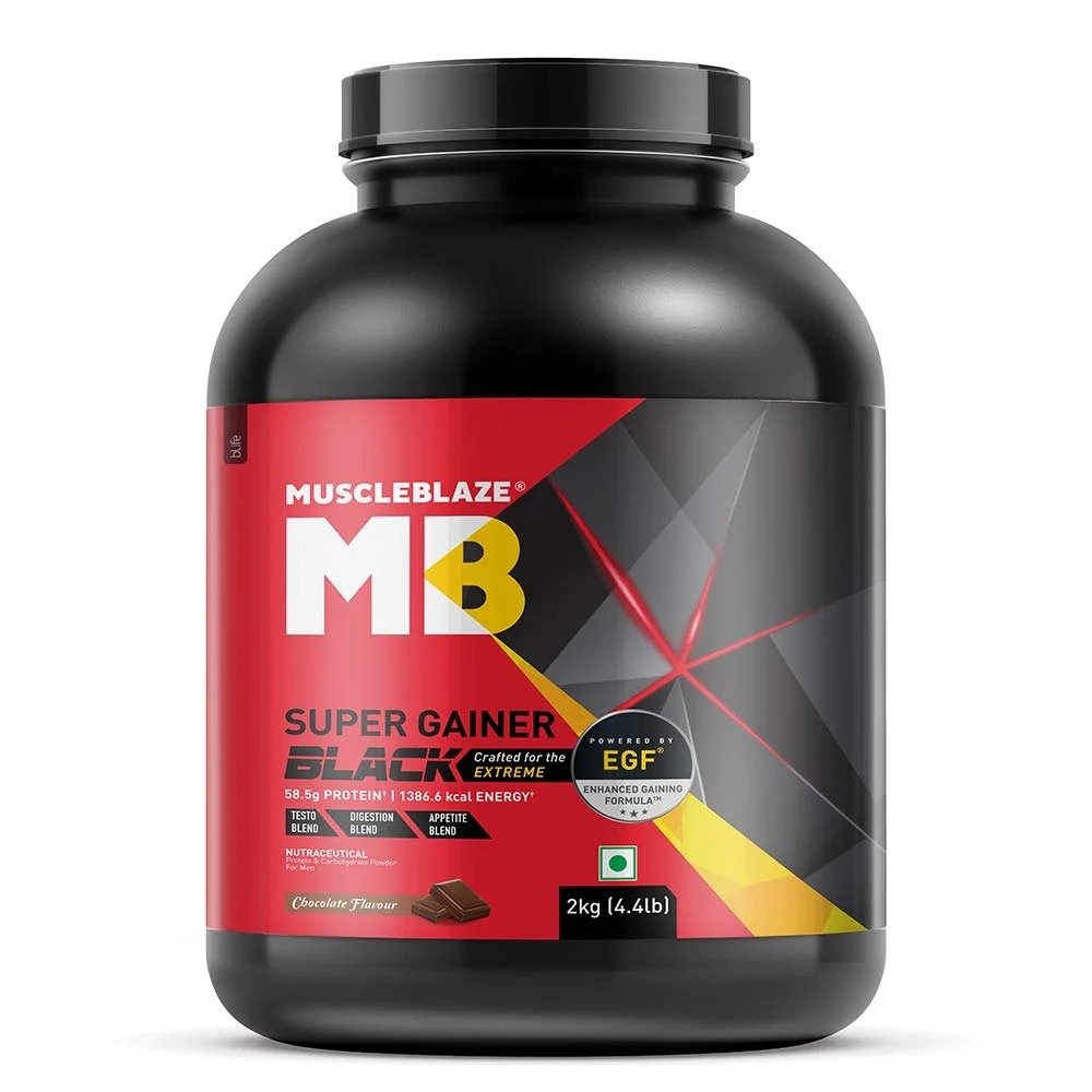 MuscleBlaze Super Gainer Black | EGF | Muscle Mass Gain | Chocolate