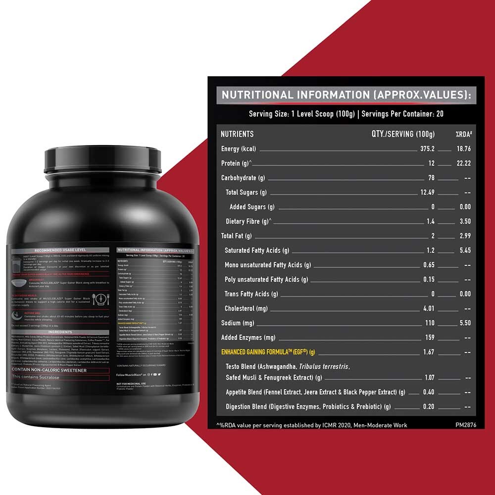 MuscleBlaze Super Gainer Black | EGF | Muscle Mass Gain | Chocolate