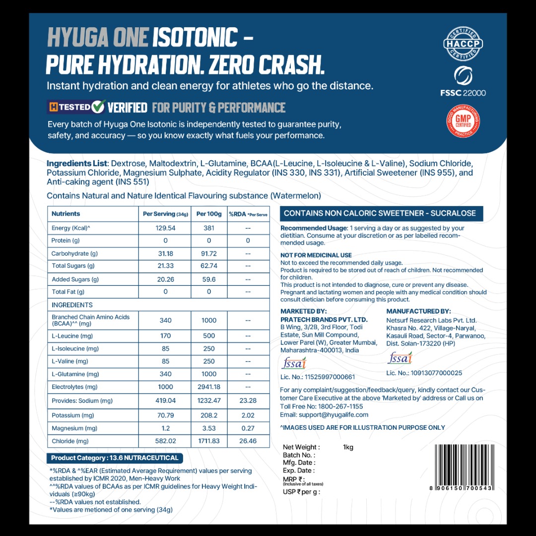 Hyuga One Isotonic Powder, Instant Rehydration and Energy Formula, With Electrolytes, BCAA and L-Glutamine, No Added Colours, 1kg, 29 Servings