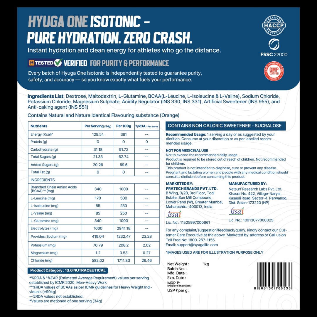 Hyuga One Isotonic Powder ,Tangy Orange 1kg, 29 Servings