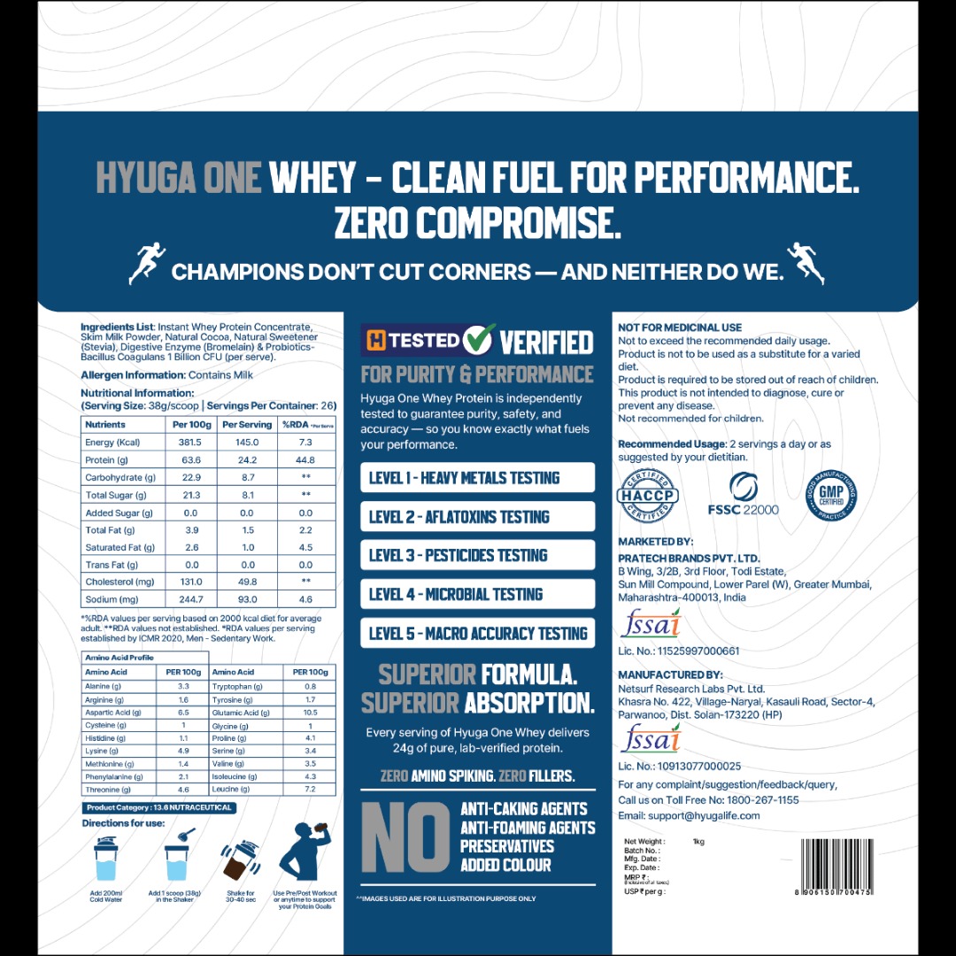 Hyuga One Whey Protein Powder ,Cacao Chocolate, 1kg