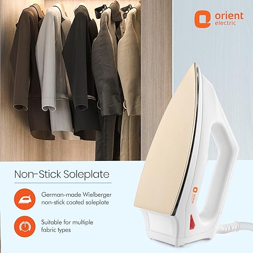 Orient Electric Fabrismooth 1000W Dry iron Non-stick Weilburger coating Silver Layered Thermostat