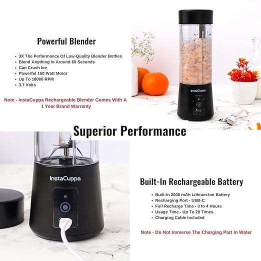Instacuppa 150W 400ml Portable Blender For Smoothie, Milk Shakes, Crushing Ice & Juices