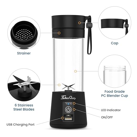 GaxQuly Portable Blender Electric Juicer 6 Blade USB Rechargable Blender Shaker