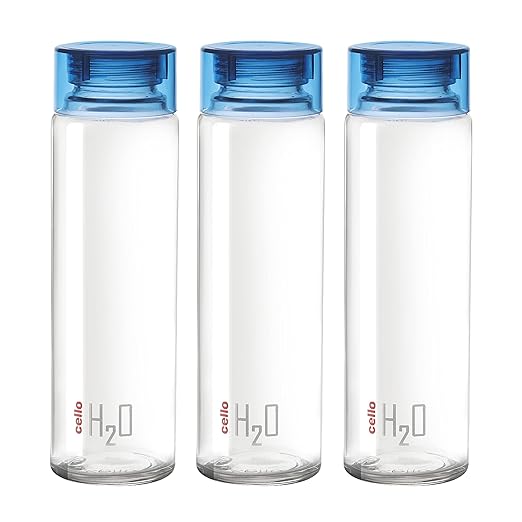 Cello H2O Toughened Glass Fridge Water Bottle with Plastic Cap, Set of 3