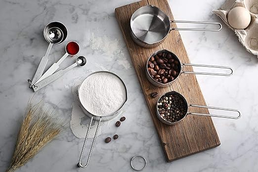 Inkulture Stainless Steel Liquid for Cooking & Baking Cakes/Measuring Cup Set Combo with Handles, Set of 4 Cups & 4 Spoons
