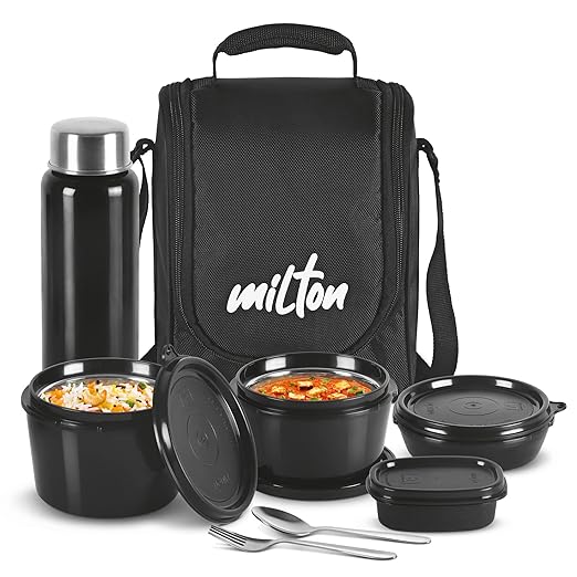 Milton Pro Lunch Tiffin (3 Microwave Safe Inner Steel Containers, 180ml, 320ml, 450 ml, 1 Plastic Chutney Dabba,100 ml, 1 Aqua Steel Bottle, 750 ml, Steel Spoon and Fork)