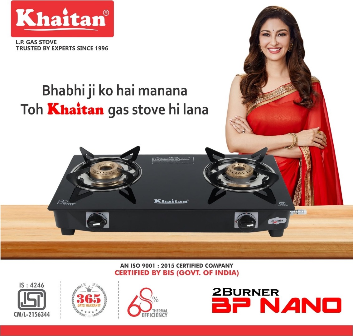 Khaitan 2 Burner BP Nano MS Black Glass Manual Gas Stove