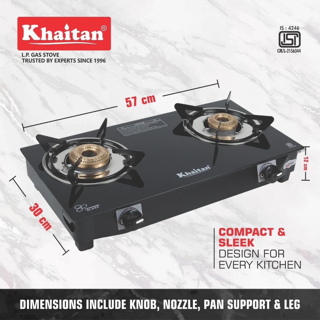 Khaitan 2 Burner BP Nano MS Black Glass Manual Gas Stove