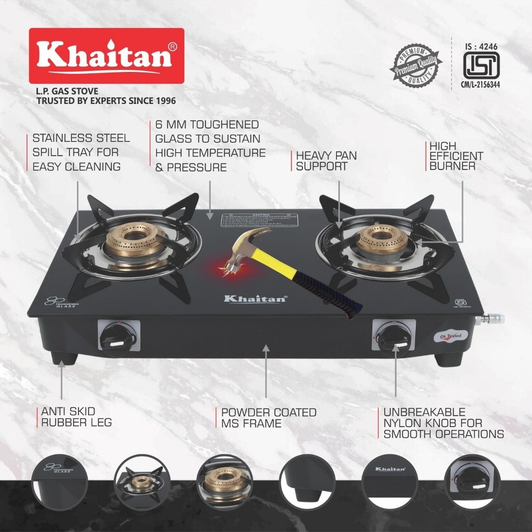 Khaitan 2 Burner BP Nano MS Black Glass Manual Gas Stove