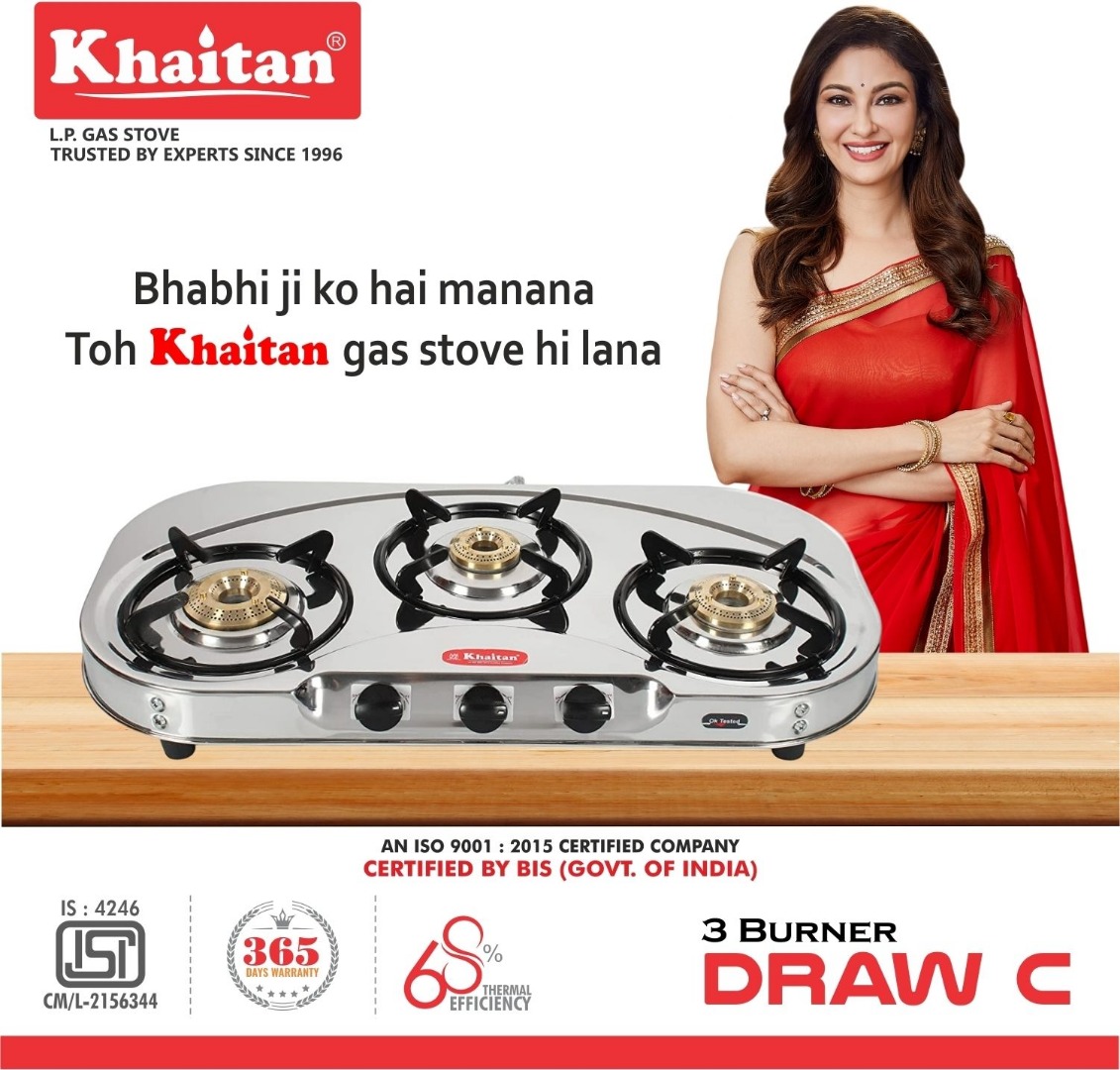 Khaitan 3 Burner Draw "C" (with extra big party cooking burner) Stainless Steel Manual Gas Stove