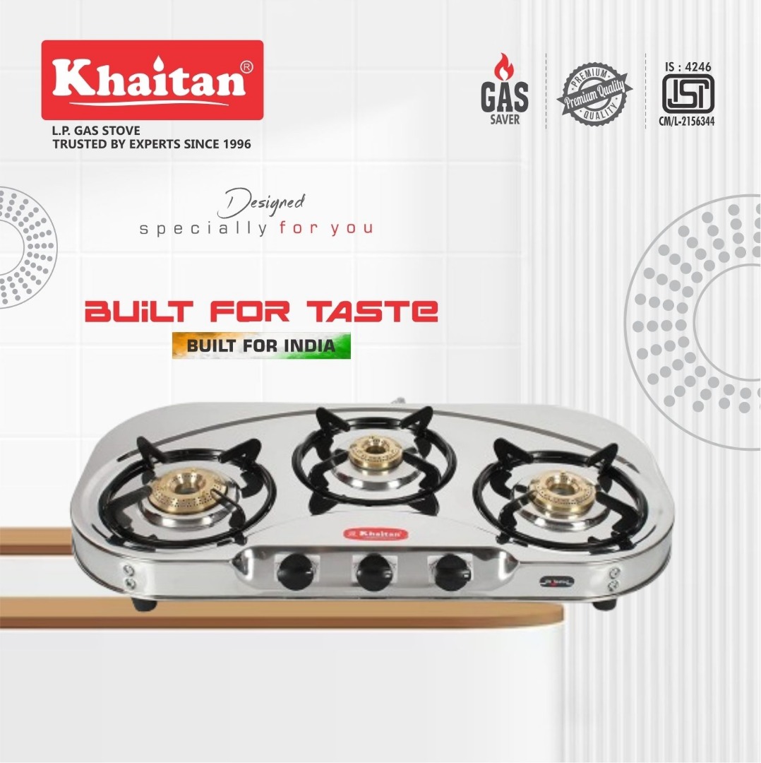 Khaitan 3 Burner Draw "C" (with extra big party cooking burner) Stainless Steel Manual Gas Stove