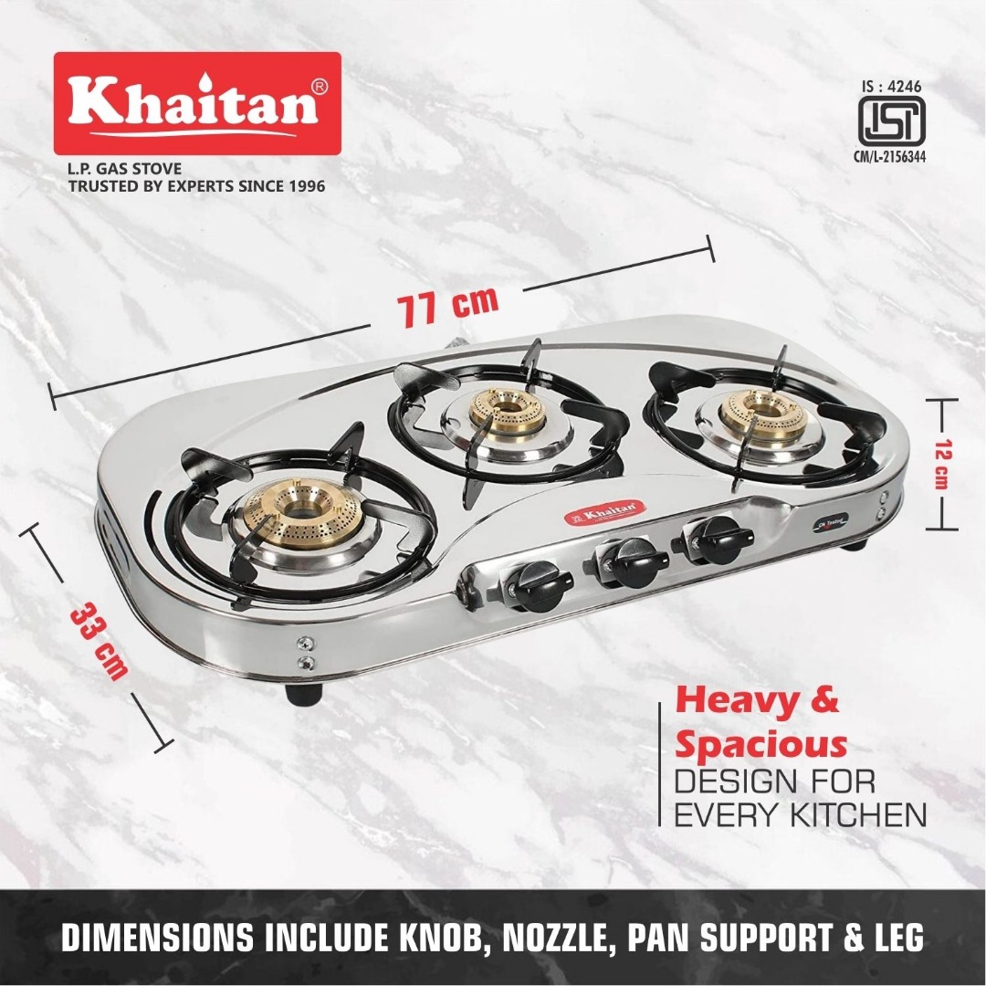Khaitan 3 Burner Draw "C" (with extra big party cooking burner) Stainless Steel Manual Gas Stove