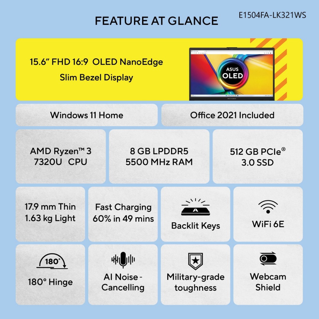 ASUS Vivobook Go 15 OLED AMD Ryzen 3 Quad Core 7320U - (8 GB/512 GB SSD/Windows 11 Home) E1504FA-LK321WS Thin and Light Laptop