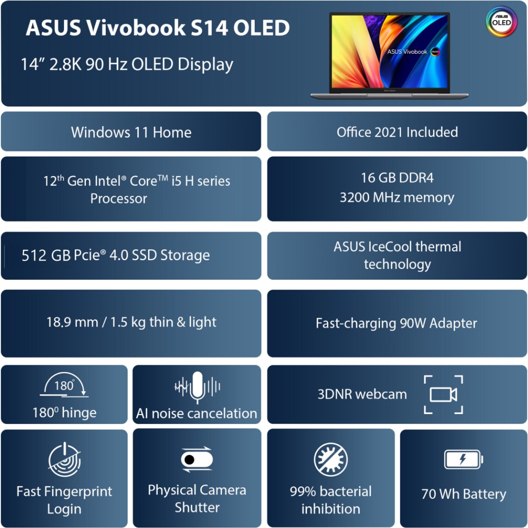 ASUS Vivobook S14 OLED Intel EVO H-Series Intel Core i5 12th Gen 12500H - (16 GB/512 GB SSD/Windows 11 Home) S3402ZA-KM501WS Thin and Light Laptop