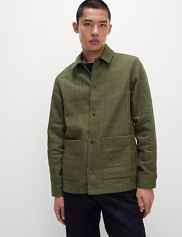 M&S Cotton Blend Check Textured Overshirt (khaki)
