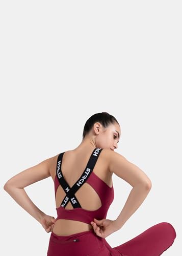 STRCH Nylon Cross Back Sports Bra for Women - Maroon