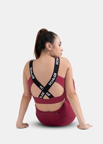 STRCH Nylon Cross Back Sports Bra for Women - Maroon
