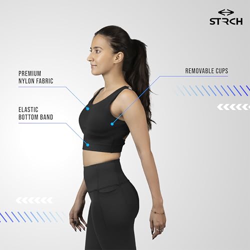 STRCH Nylon Cross Back Sports Bra for Women - Black