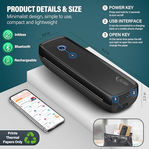SEZNIK Portable A4 Printer, Bluetooth, Inkless for Professionals,Travel | Mini Printer