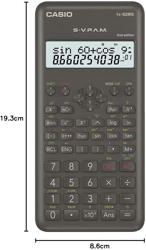 Casio FX-82MS 2nd Gen Non-Programmable Scientific Calculator, 240 Functions and 2-line Display, Black