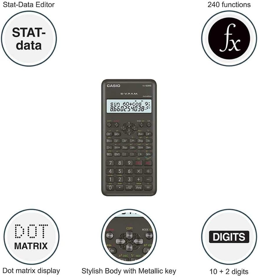 Casio FX-82MS 2nd Gen Non-Programmable Scientific Calculator, 240 Functions and 2-line Display, Black