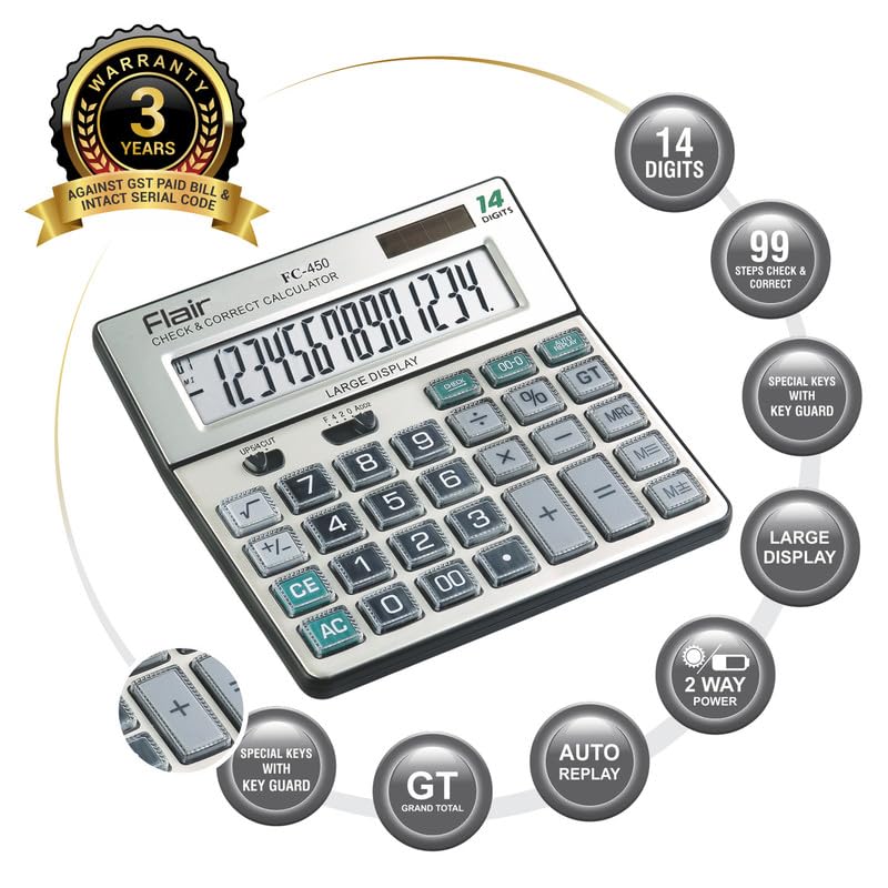 Flair FC-450 Desktop Series Basic Calculator | 14 Digits Calculator ,Grey
