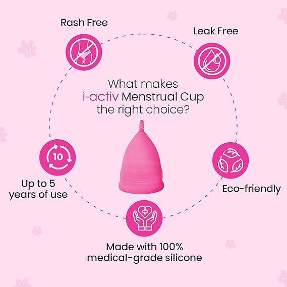 i-activ Menstrual Cup for Women with free sterilizer case, 8-10 hrs protection, Leak-Free & Ultra soft Cup with Pouch