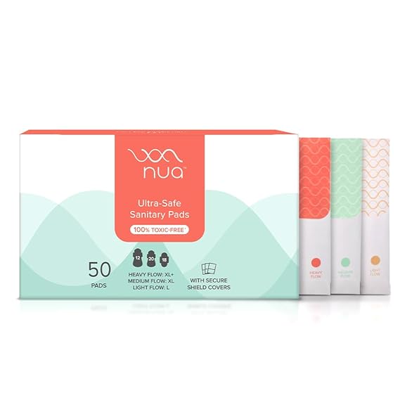 Nua Ultra Safe 50 Sanitary Pads For Women, 3 sizes in 1 Pack, 12 Heavy Flow-XL+, 20 Medium-XL & 18 Light-L, 50 Disposal Pouches