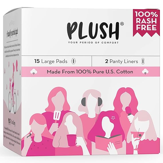 Plush Ultra-Thin Sanitary Pads For Women, Super Absorbent 15 Medium Flow Pads + 2 Panty Liners, 15 Large Natural Cotton Sanitary