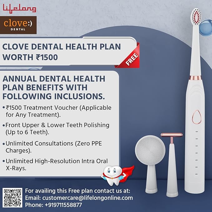 Lifelong LLDC63 Electric Toothbrush for Adults with Free Clove Dental Care Pack,Sonic Technology 5 Brush Heads, 6 Modes, 1 Tongue Cleaner