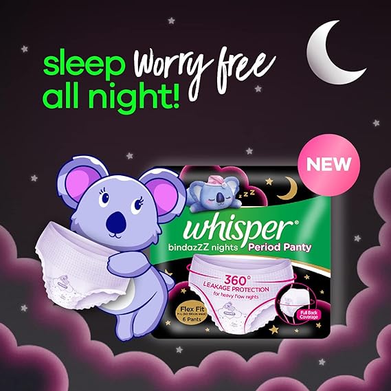 Whisper Bindaaz Night Period Pads, 2 M-L PADS