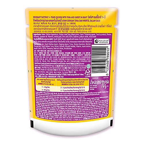 Whiskas Adult (1+ Year) Tasty Mix Wet Cat Food Made with Real Fish, Chicken with Tuna and Carrot in Gravy