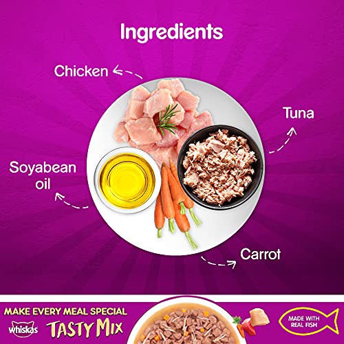 Whiskas Adult (1+ Year) Tasty Mix Wet Cat Food Made with Real Fish, Chicken with Tuna and Carrot in Gravy