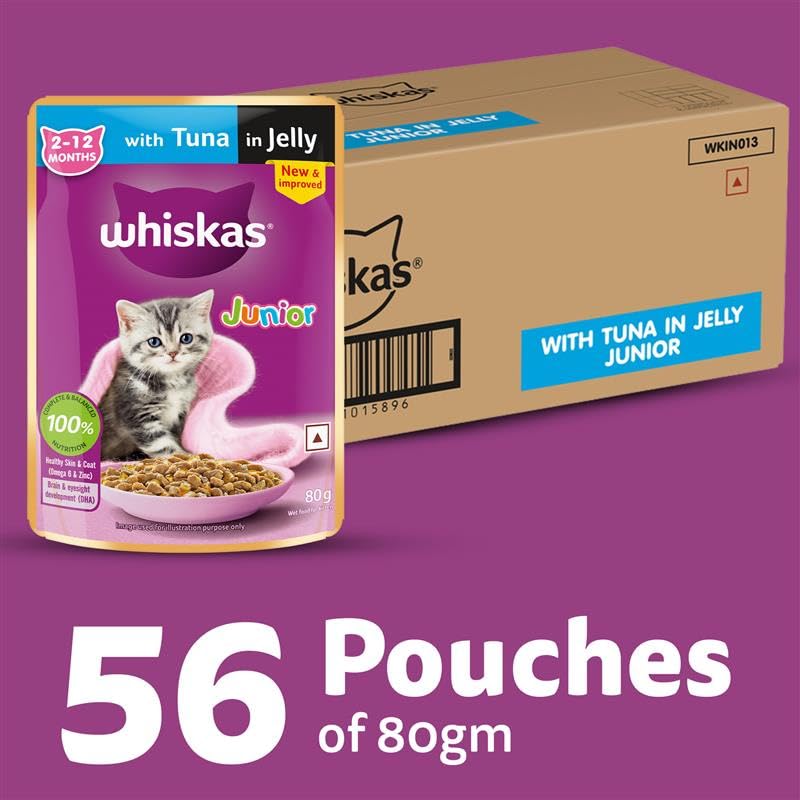 Whiskas Junior Kitten (2-12 Months) Wet Cat Food, Tuna in Jelly, 80 g (Pack of 56)