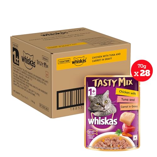 Whiskas Tasty Mix Adult (1+ Year) Wet Cat Food, Chicken with Tuna & Carrot in Gravy, 70 g, Pack of 28