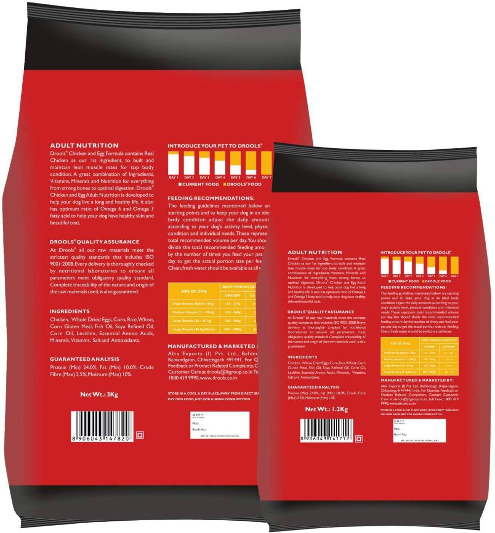 Drools Adult Dry Dog Food Chicken and Egg, 3kg with Free 1.2kg