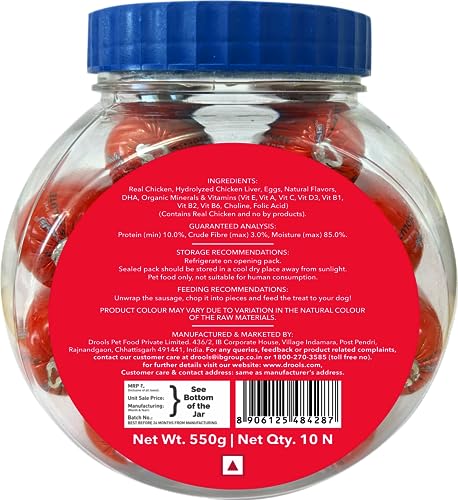 Drools All Life Stages Dog Treats Sausage Real Chicken 10Pcs Jar