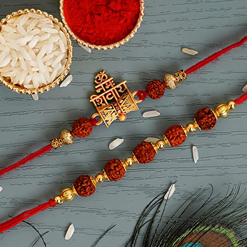 eCraftindia Set Of 2 Golden & Brown Om Namah Shivay With Damru And Rudraksha Religious Rakhis