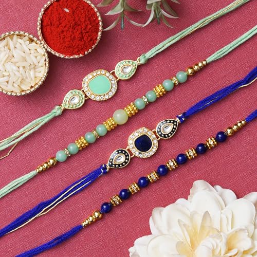 eCraftindia Set Of 4 Multicolor Beads Kundan Designer Rakhis For Brother Bhabhi Bhaiya Bhai Kids