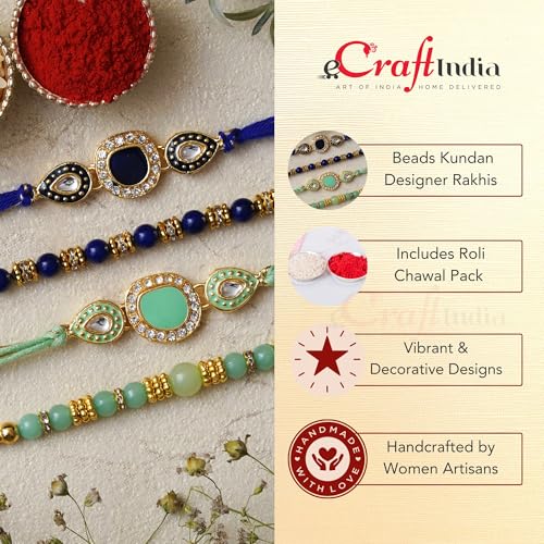 eCraftindia Set Of 4 Multicolor Beads Kundan Designer Rakhis For Brother Bhabhi Bhaiya Bhai Kids
