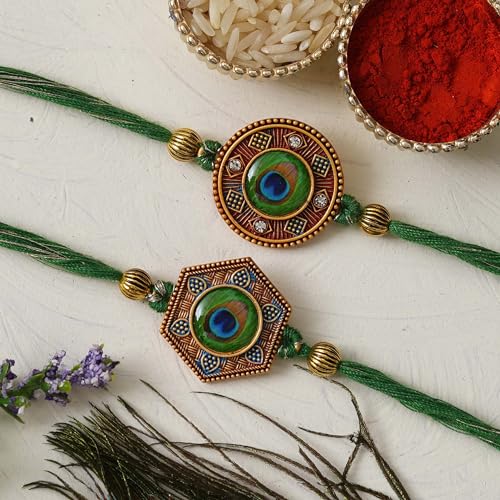 eCraftindia Unisex Adult Set Of 2 Peacock Feather Designer Rakhis For Brothers With Roli Chawal Pack