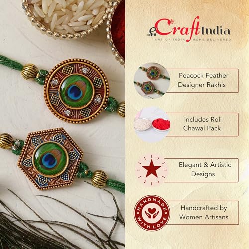 eCraftindia Unisex Adult Set Of 2 Peacock Feather Designer Rakhis For Brothers With Roli Chawal Pack