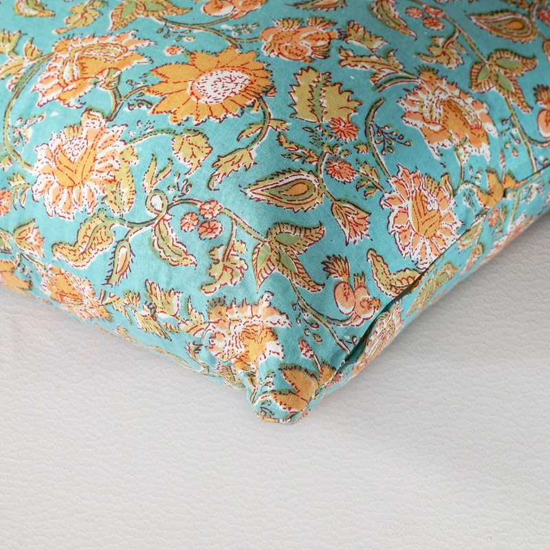 Texstylers Cotton Light Blue and Orange Reversible 12 x 18 Inches Jaipuri Printed Small Cushions Pillow Cover, Pack of 2