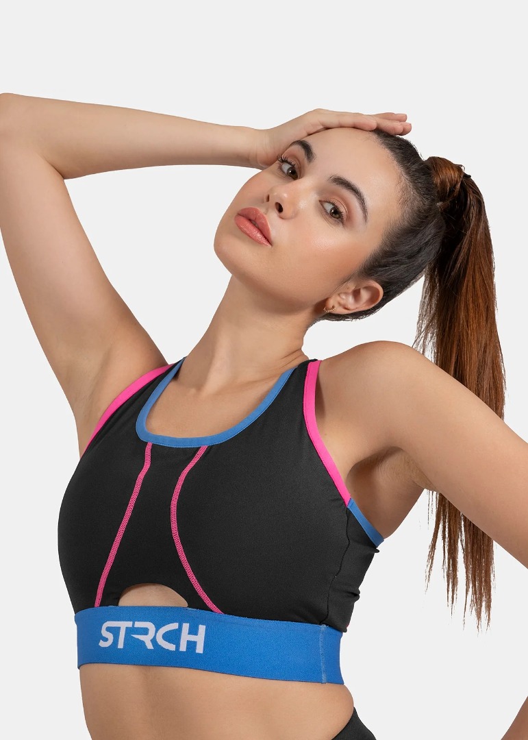 STRCH Nylon Women Double Strap Sports Bra - Black