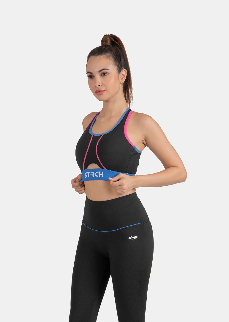 STRCH Nylon Women Double Strap Sports Bra - Black