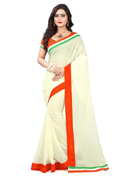 White Saree With Orange-Green Border